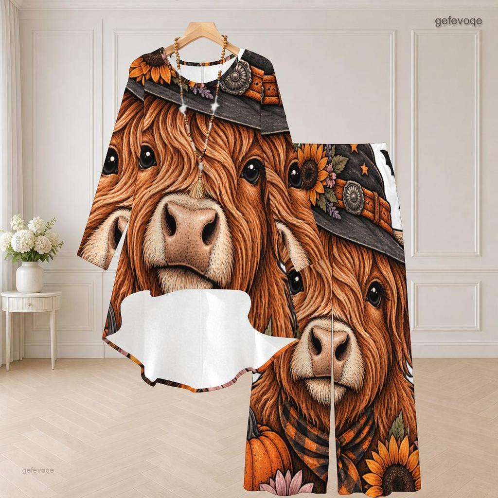 Women Plus Size Round Neck Long Sleeve Cartoon Bear Printed High Low Top Wide Leg Pants Two Piece Set