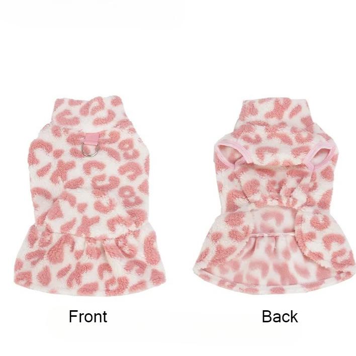 Leopard Dog Dress Coat Winter Fleece Pullover Sweatshirt Pet Clothes Sleeveless Vest Hoodies Puppy Skirt for Small Dogs Chiwawa
