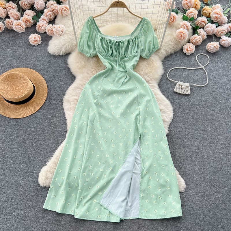 Puff Sleeves Summer Slimming Mori Style Split Dress