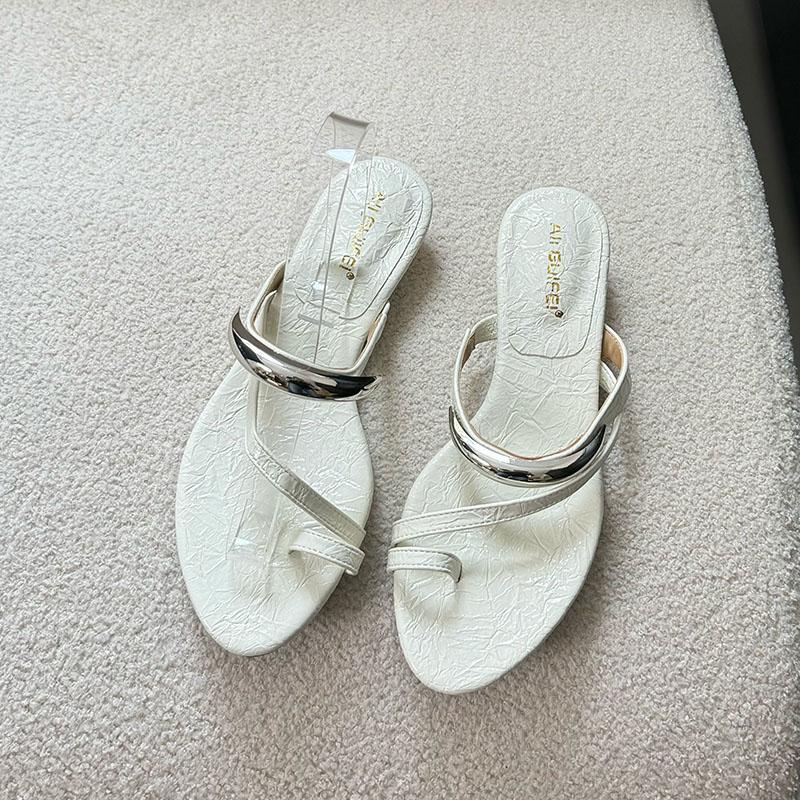 

Fashion Round Toe Ladies Heeled Slippers Sandals Shoes Summer Beach Female Flip flops Fashion Metal Women Low Heel Slippers Slides Pumps 35 бежевый