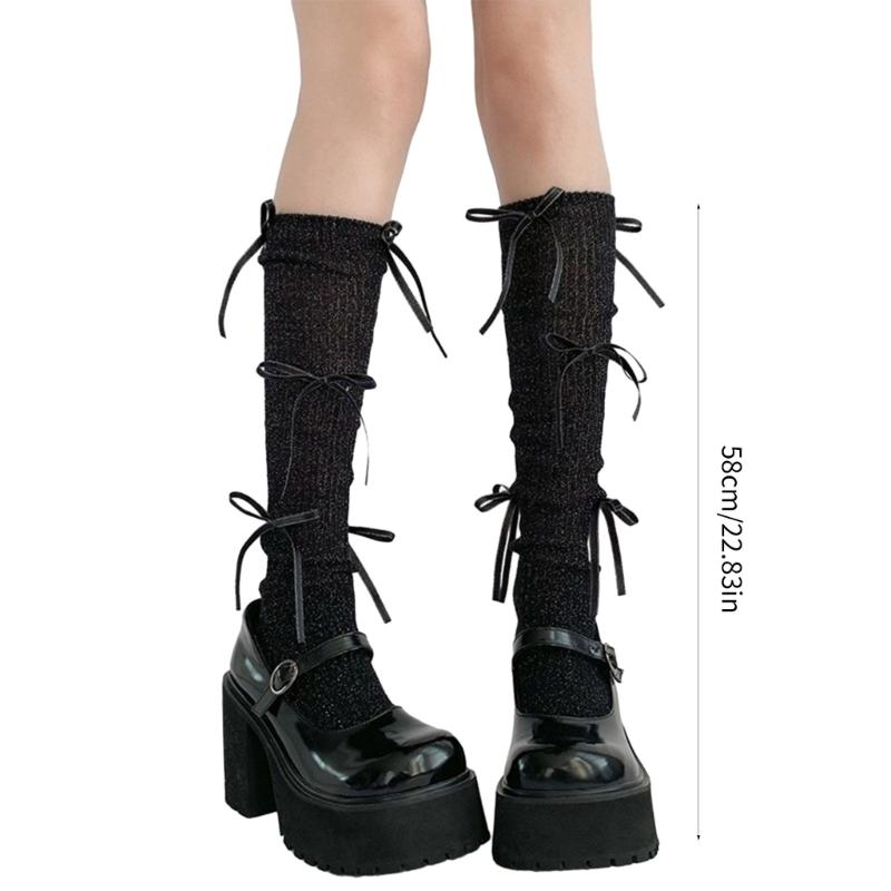 Japanese Style Shimmering Rib Knitted Middle Tube Calf Socks for Women Girls Cute Ribbon Bowknot Long Socks Stockings