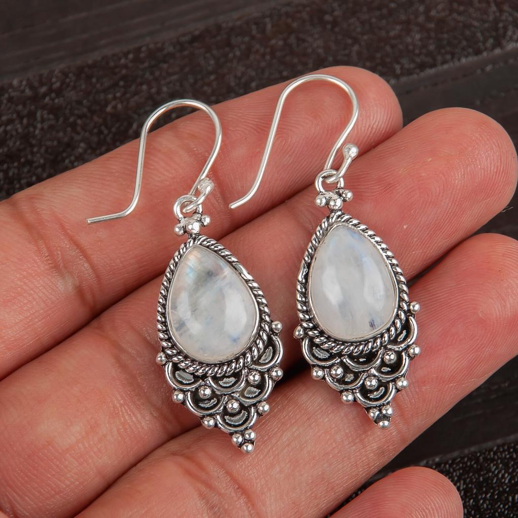 Natural Rainbow Moonstone Gemstone 925 Sterling Silver Jewelry Handmade Earrings EE-85-30