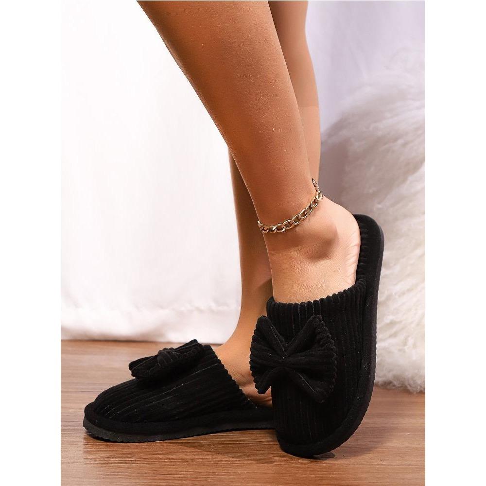 Cute Bowknot Soft Sole Fuzzy Slippers, Winter Cozy & Warm Slip On Plush Shoes, Comfy Closed Toe Home Slippers