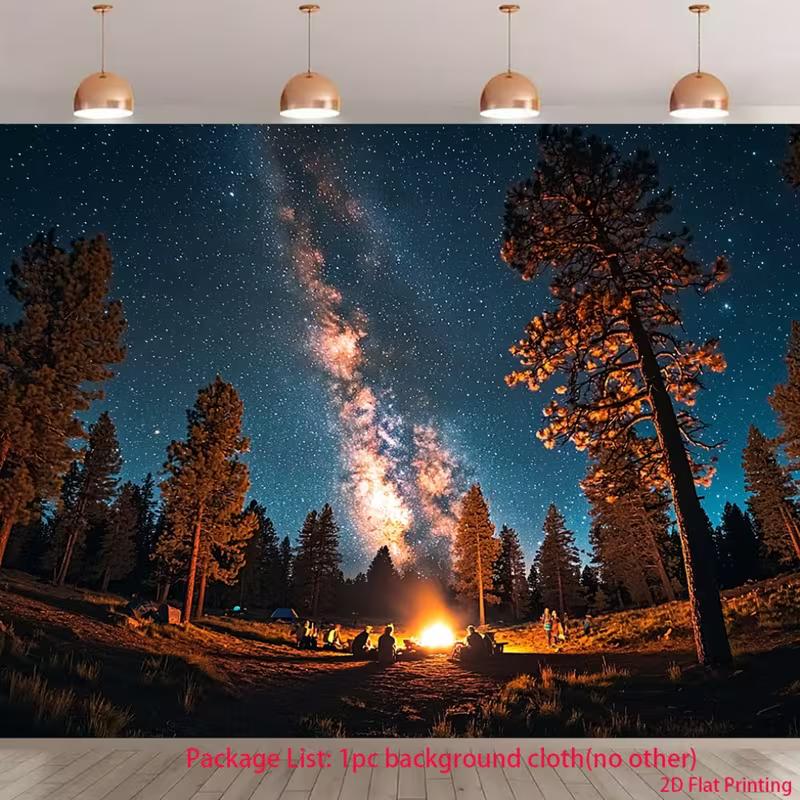 2D Camping Night Tapestry for Cabin Decor, Campfire with Friends Under the Milky Way 47.2x31.5inch/120*80cm