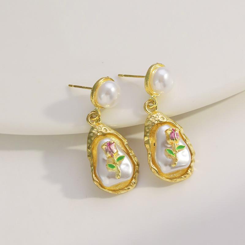 Baroque Imitation Pearl Flower Waterdrop Dangle Earrings for Women Painting Style Elegant Punk Simple Jewelry Trend Accessories