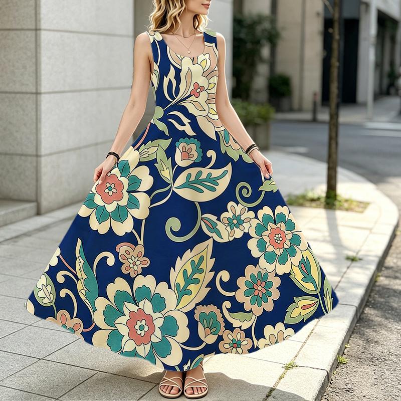 Sleeveless Maxi Dress,Lightweight Flowy Fabric,Fresh Style Full Flowy Skirt for Spring Fall,Versatile for Daily Casual & Party