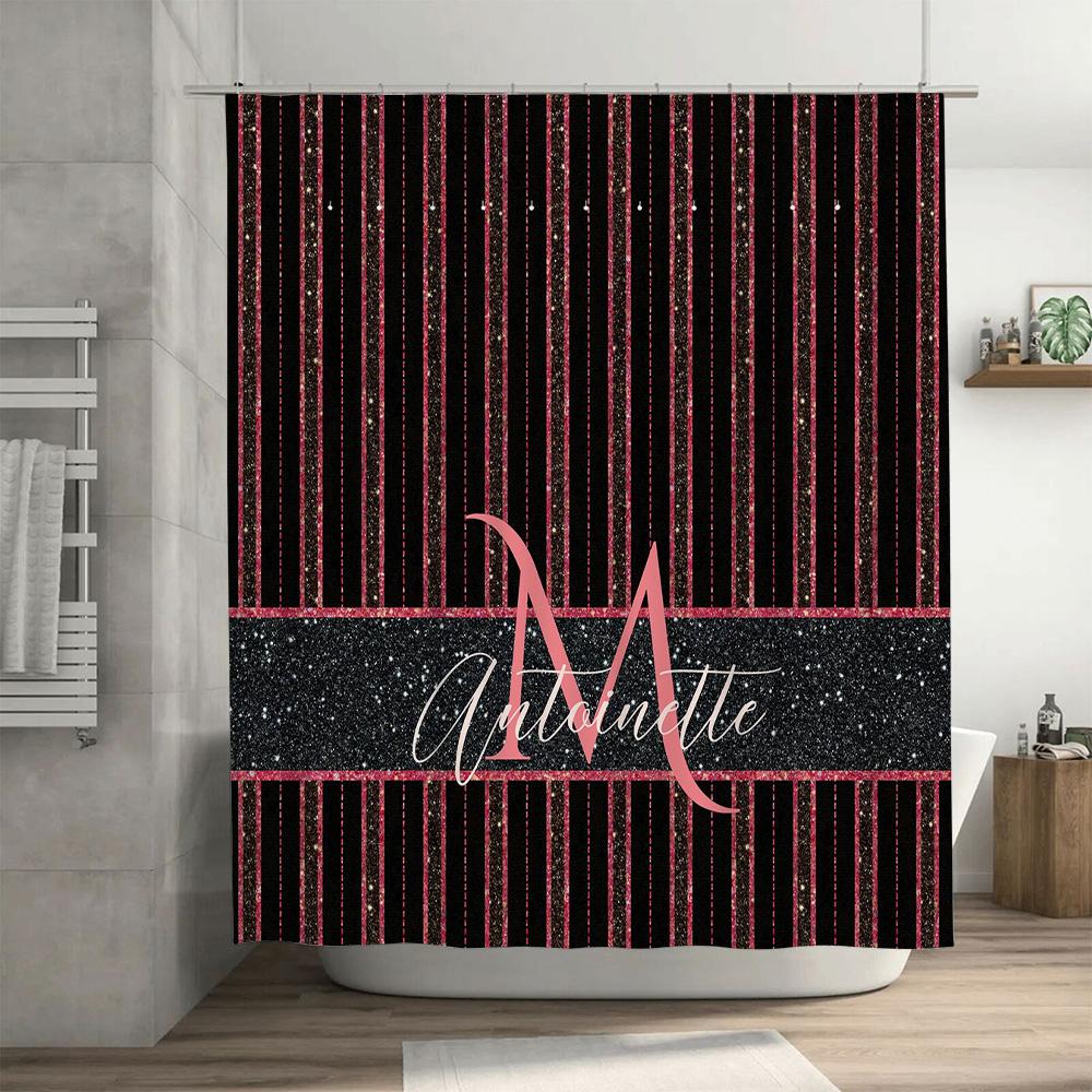 Bathroom Decor Black Pink Striped Shower Curtain Name Custom Size Waterproof Bathroom Liner Set