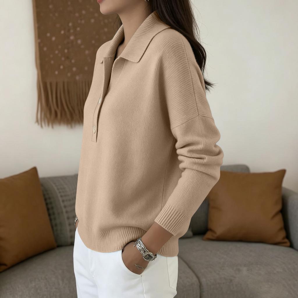 Women's Long Sleeve Knit Sweater Loose Fit Button Front Polo Collar Casual Pullover Top Lightweight Soft Fabric Comfortable Wear