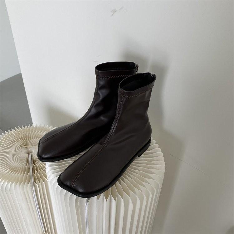 Mango Head Short Boots Women's Spring and Autumn Single Boots 2025 New Square Head Soft Leather Elastic Skinny Chelsea Martin Boots