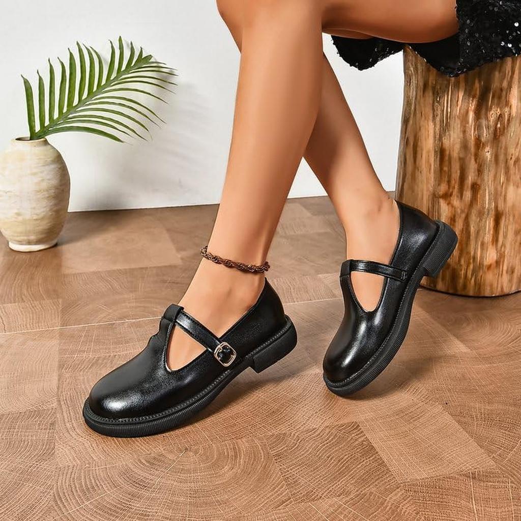 Kadın Mary Ayakkabıları Kalın Topuk Tokalı Kayış Rahat Günlük Okul Üniforması Babetler