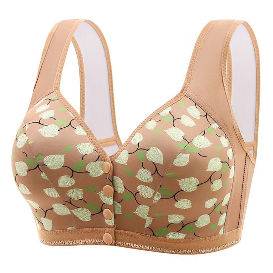 Mid-aged Women Sports Shoulder Strap Front Print Wireless Button Closure Floral Bra Elastic Good Breathability Shockproof