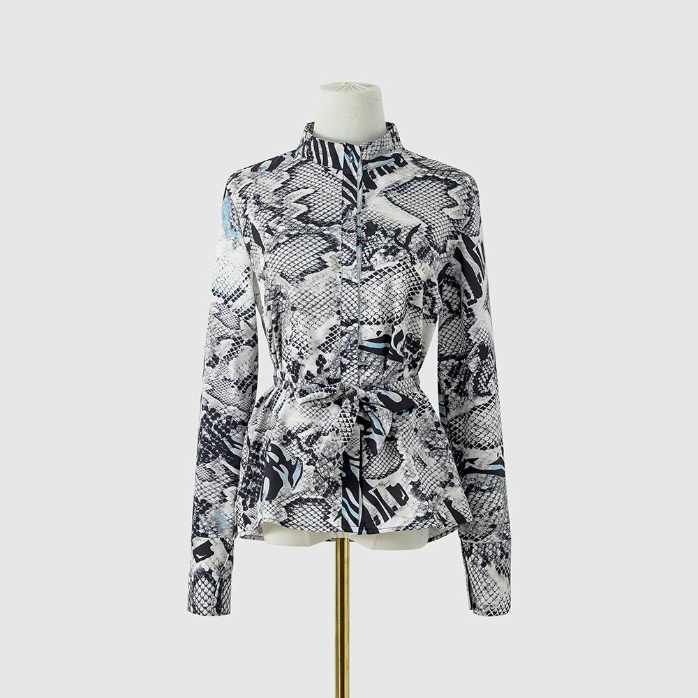 Women's Autumn Printed Tie Single Breasted Long Sleeve Shirt