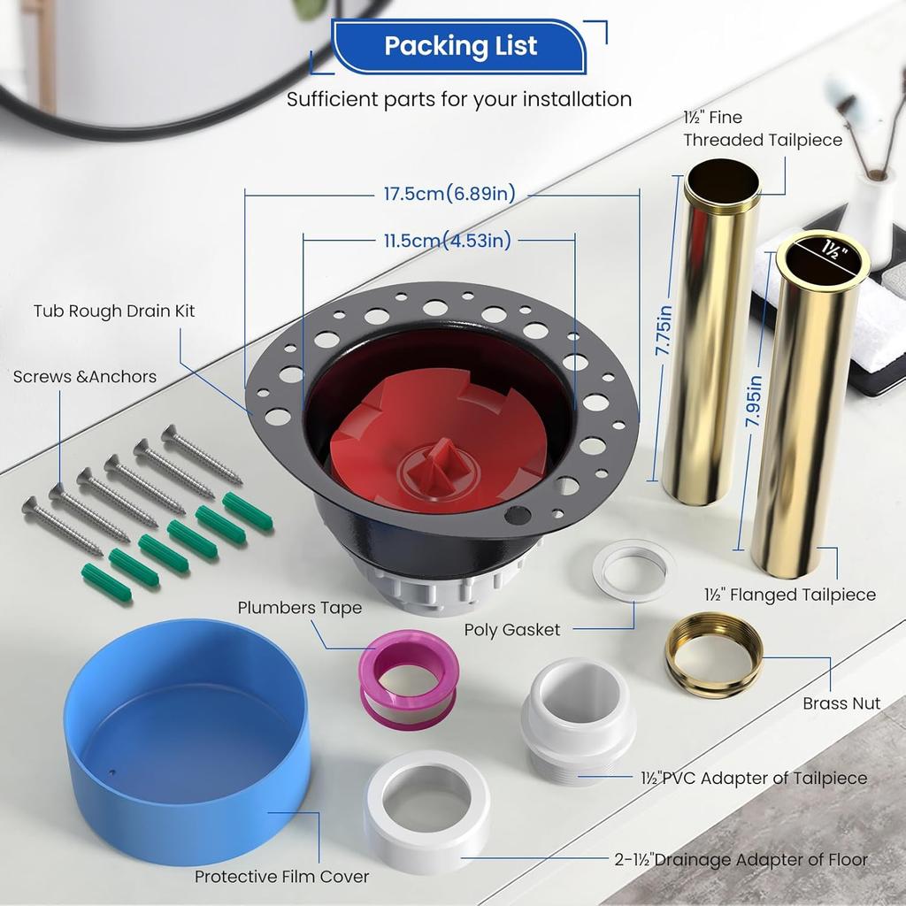 Freestanding Tub Drain Rough-in Kit, Island Bath Tub Drain Kit with PVC Plastic Adapter and Brass Tail Pipes, Compatible with Freestanding Bathtub,