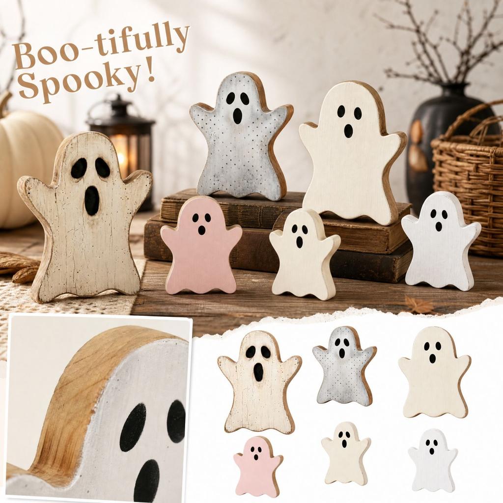 Cute Wooden Halloween Tabletop Decor in and Cream Color for Shelf Display