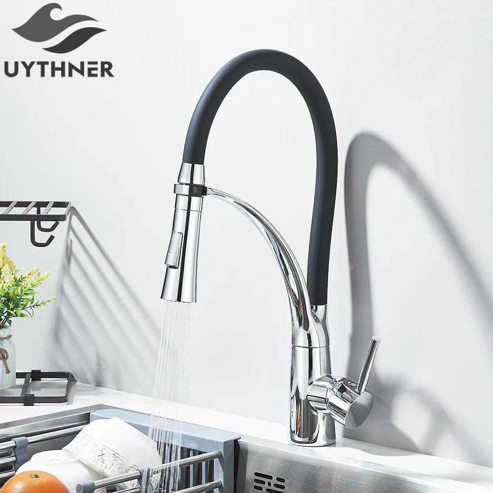 Chrome Rubber Kitchen Faucet Mixer Tap Rotation Pull Down Stream Sprayer Taps Hot Cold Water Tap One Handle Kitchen Tap