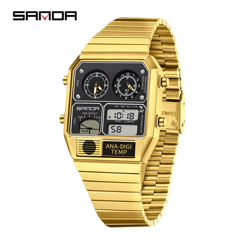 SANDA Electronic Watch Men Square Steel Band Digital Wristwatch Temperature Measurement Stopwatch Timing Multifunctional Watch