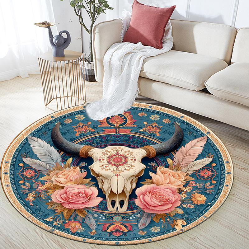 Bohemian Buffalo Skull Round Area Rug,Carpet Rug for Living Room Bedroom Sofa Playroom Decor,Non-slip Floor Mat
