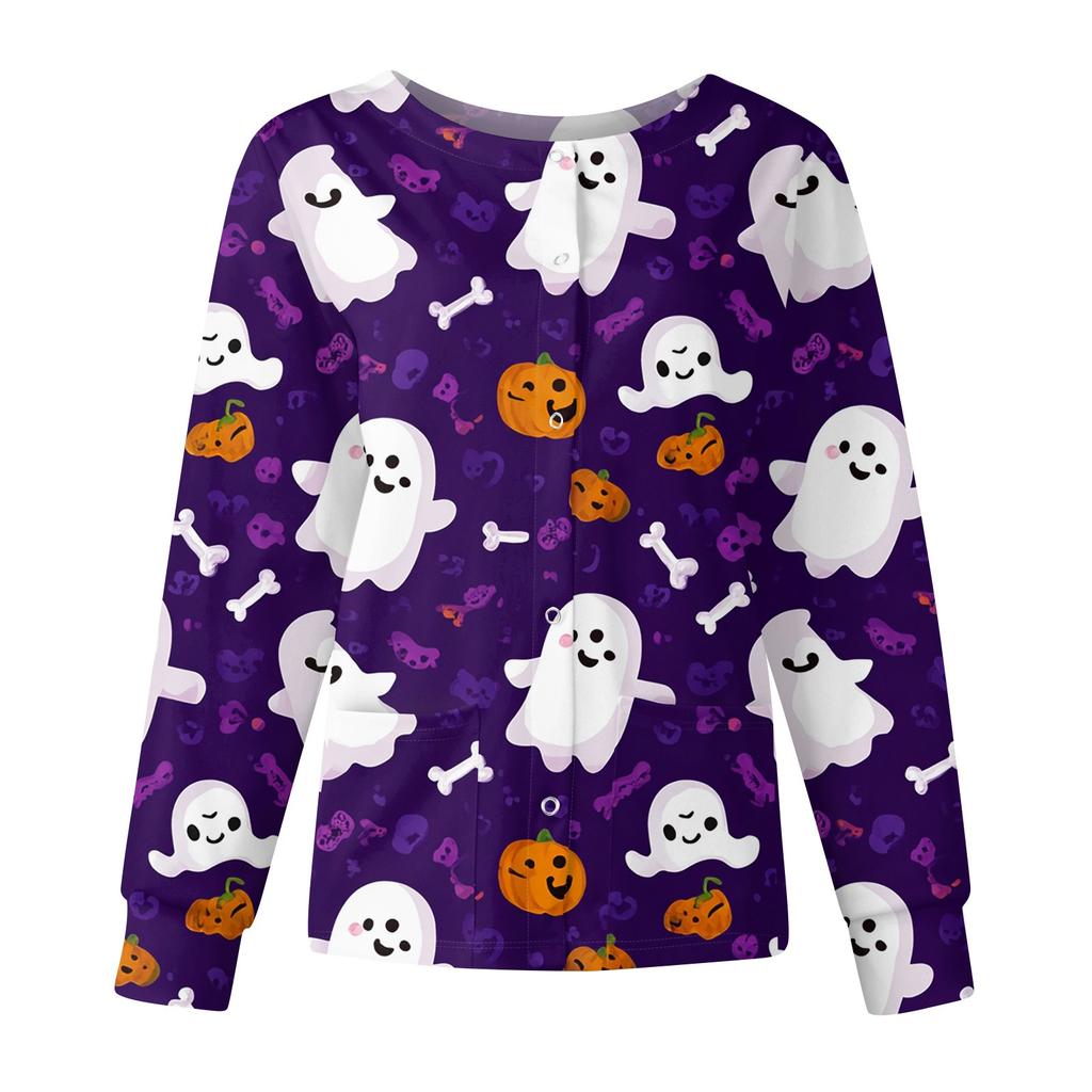 Women's Casual Fashion Long Sleeve Standing Collar Single Breasted Halloween Printed Workwear Jacket Tops