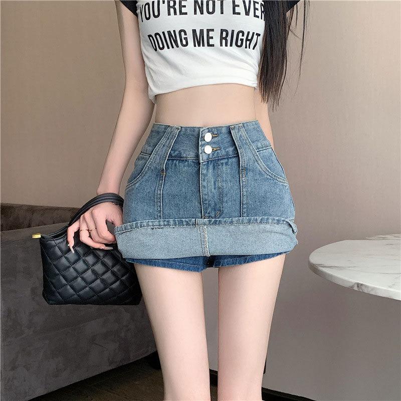 Saia Única com Design de Botão Duplo Cintura Alta Retrô Linha A Pacote Meio Corpo Quadril Saia Curta Calças Moda Feminina Verão Saia Curta Jeans