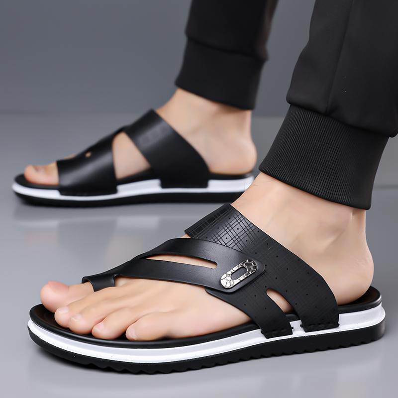 Men Flats Slippers Summer Brown Wide Head Roman Sandals Retro Flip Flops Black Leather Beach Shoes Plus Size