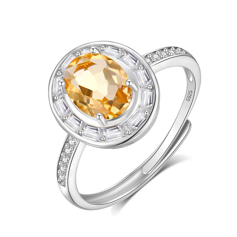 Classic S925 Sterling Silver Ring, Oval Natural Crystal & CZ Adjustable Band for Ladies