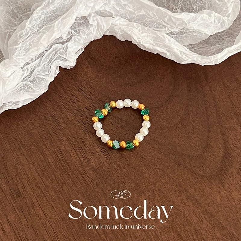 Pearl Beaded Ring Women's Elastic Rope Literary Stacking Index Finger Ring High-end Handmade Ring Jewelry