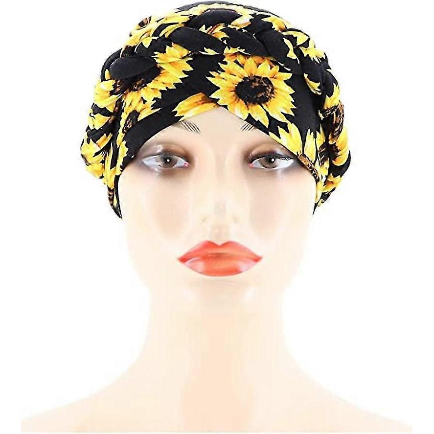 Milk Silk Print Braided Head Cap Hair Loss Hood Hat Twisted Braid Headwear (Sunflower) - DD01