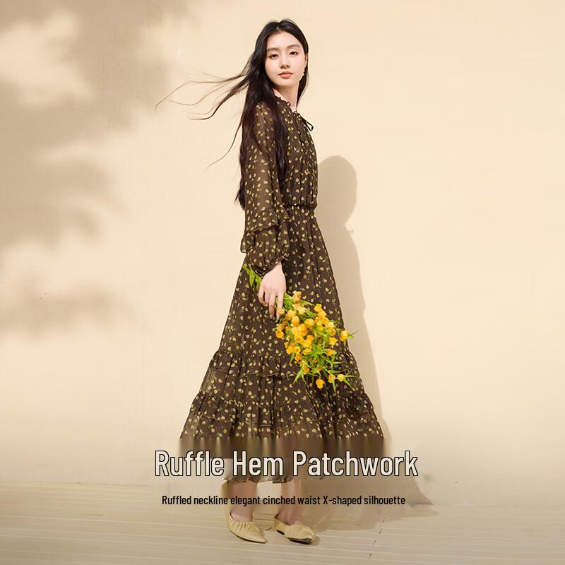 Xiangying Damen Polka Dot Blumen Rüschen Krawattenkragen Langarmkleid