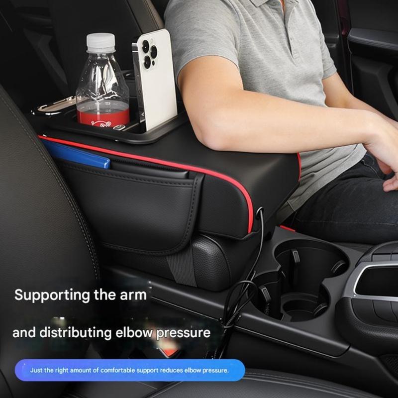Multifunctional Auto Armrest Box Pad Leather Cushion with 2 Fast Charging USB Port And Storage Space