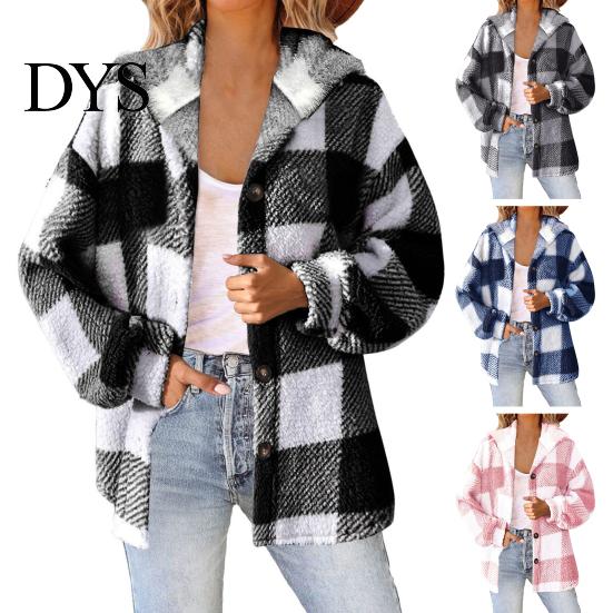 Women Jacket Lady Winter Coat Plush Lined Flannel Conrast Color Plaid Print Design Outerwear Hooded Single-breasted Thick Loose Long Sleeves Casual