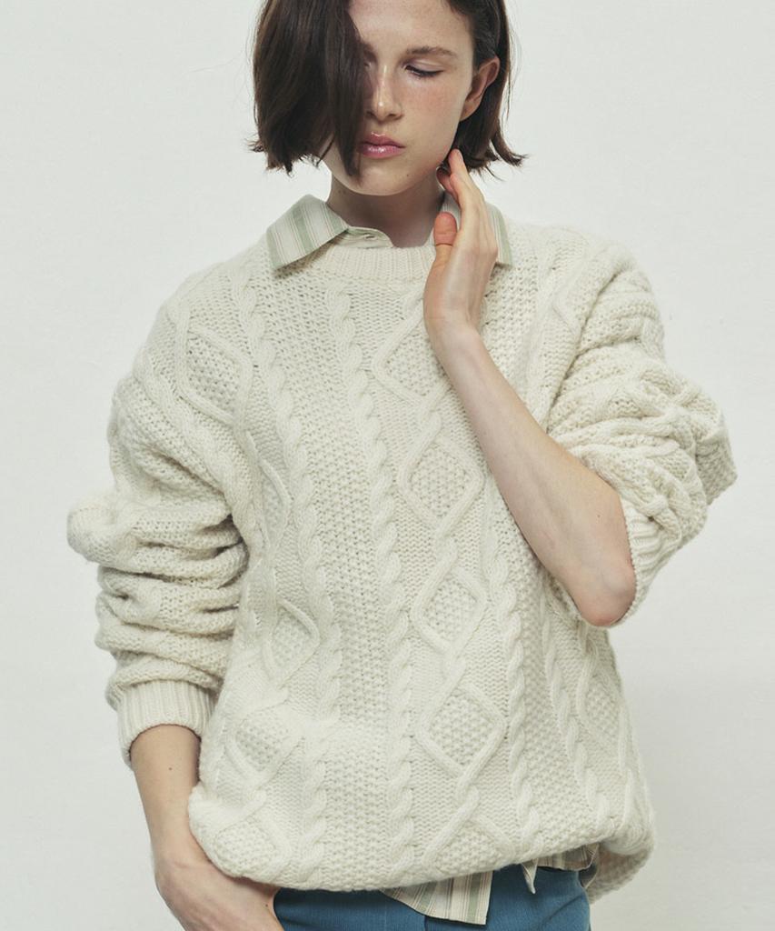 SO IR (3Color)Fisherman Cable Wool Sweater