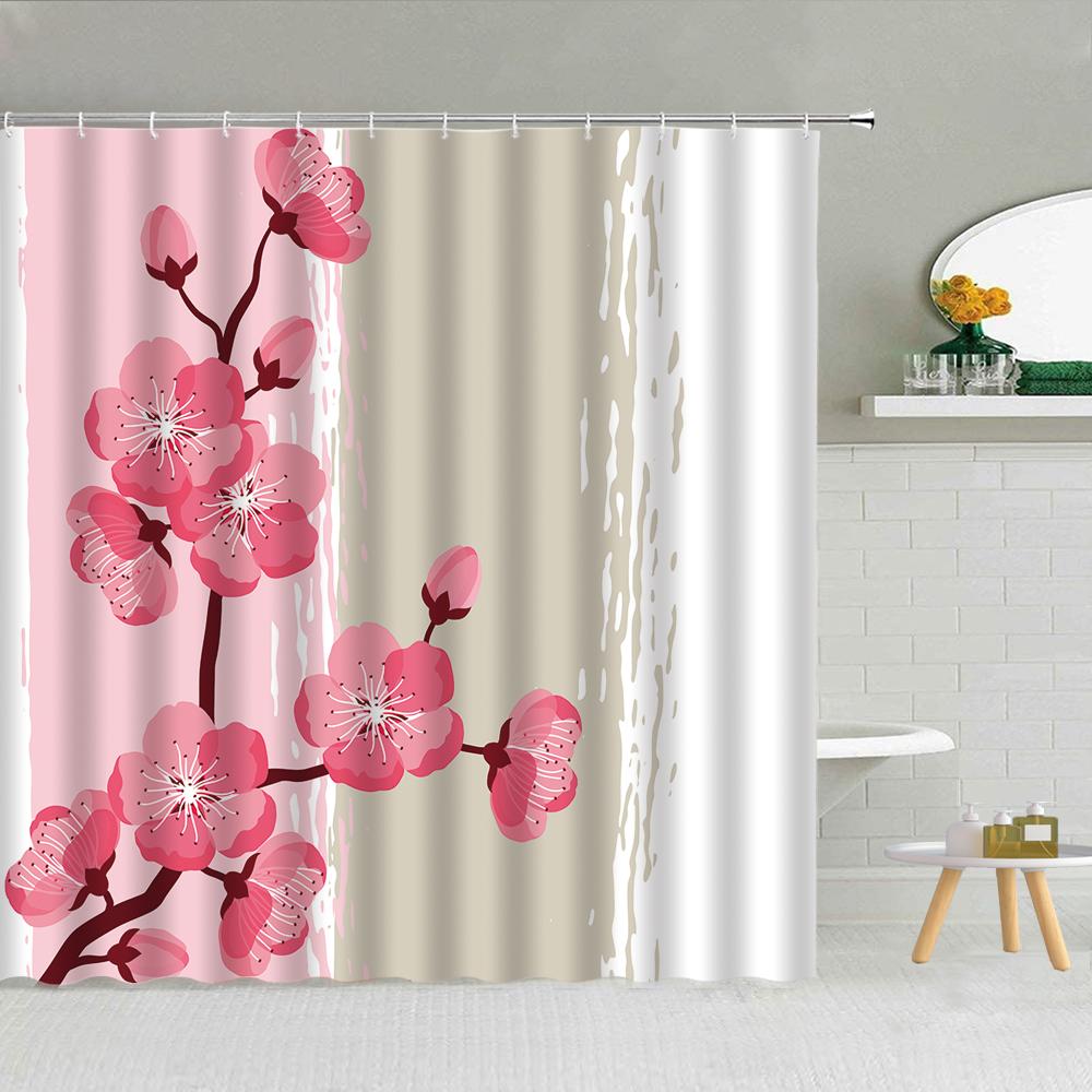 Floral Shower Curtain, Spring Nature Theme Cherry Blossom Bathroom Decor Polyester Fabric Waterproof Bath Curtain with Hooks