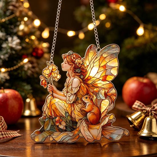 Xmas Tree Door Decorations Fairy & Gnome Christmas Acrylic Suncatcher, 2D Fantasy Elf Dwarf Window Hanging Unique Baubles Decor with Stained