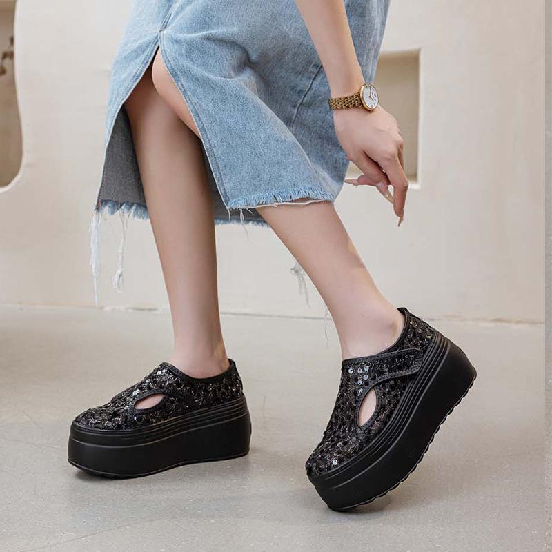 

Сетчатые дышащие туфли на платформе с пайетками женские 2025 лето новые туфли-маффины на липучке с низким верхом и круглым носком однотонные 39 чёрный