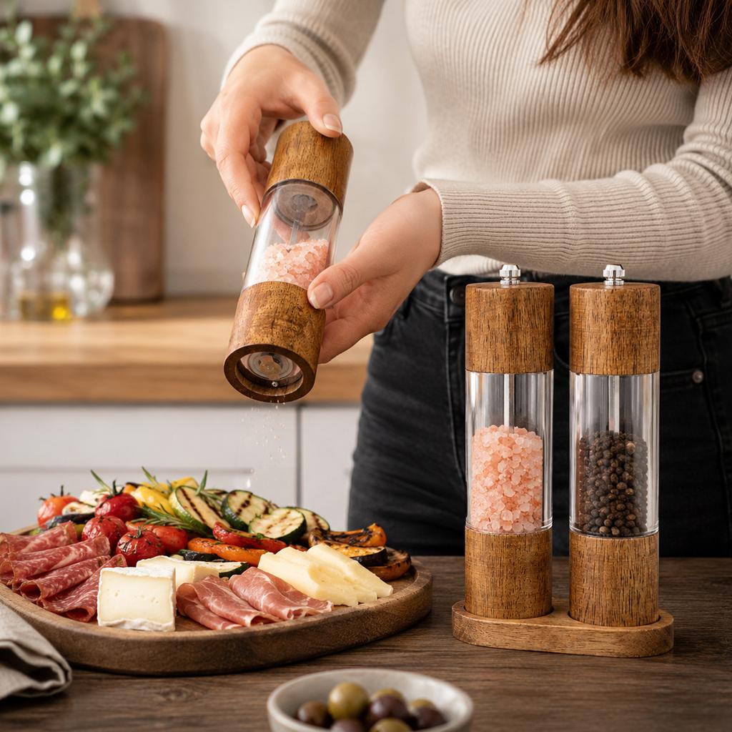 Manual Acrylic Pepper Grinder with Wooden Top and Bottom Adjustable Coarseness for Sea Salt and Spice Grinding Kitchen Tool