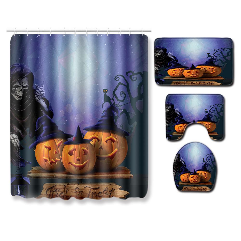 Halloween Shower Curtain Floor Mat Combination Four-Piece Set Bathroom Toilet Carpet Shower Room Foot Door Mat