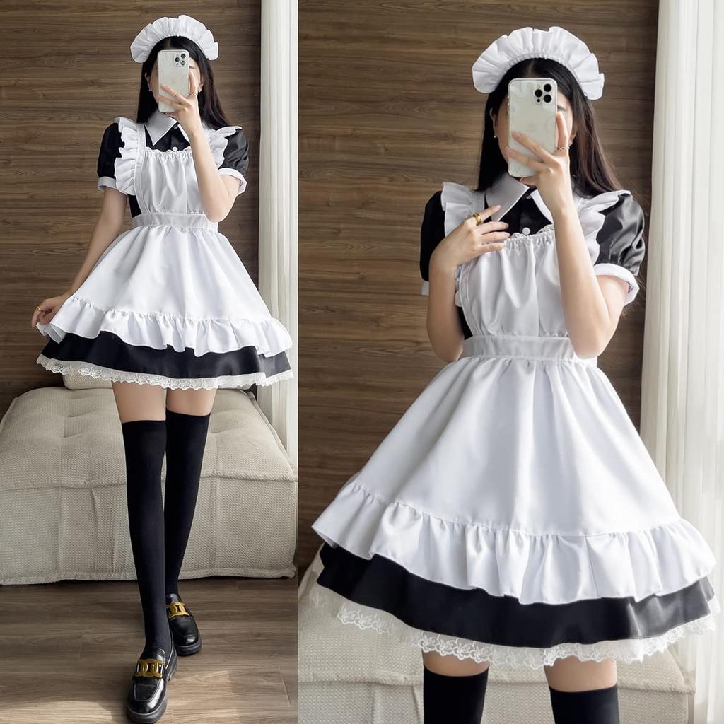 Maid Cosplay Short Gothic Lolita Short Plus Sizes [FULINE] British-style Outfit, Costume, Sleeves, Dress, Skirt, (4XL)