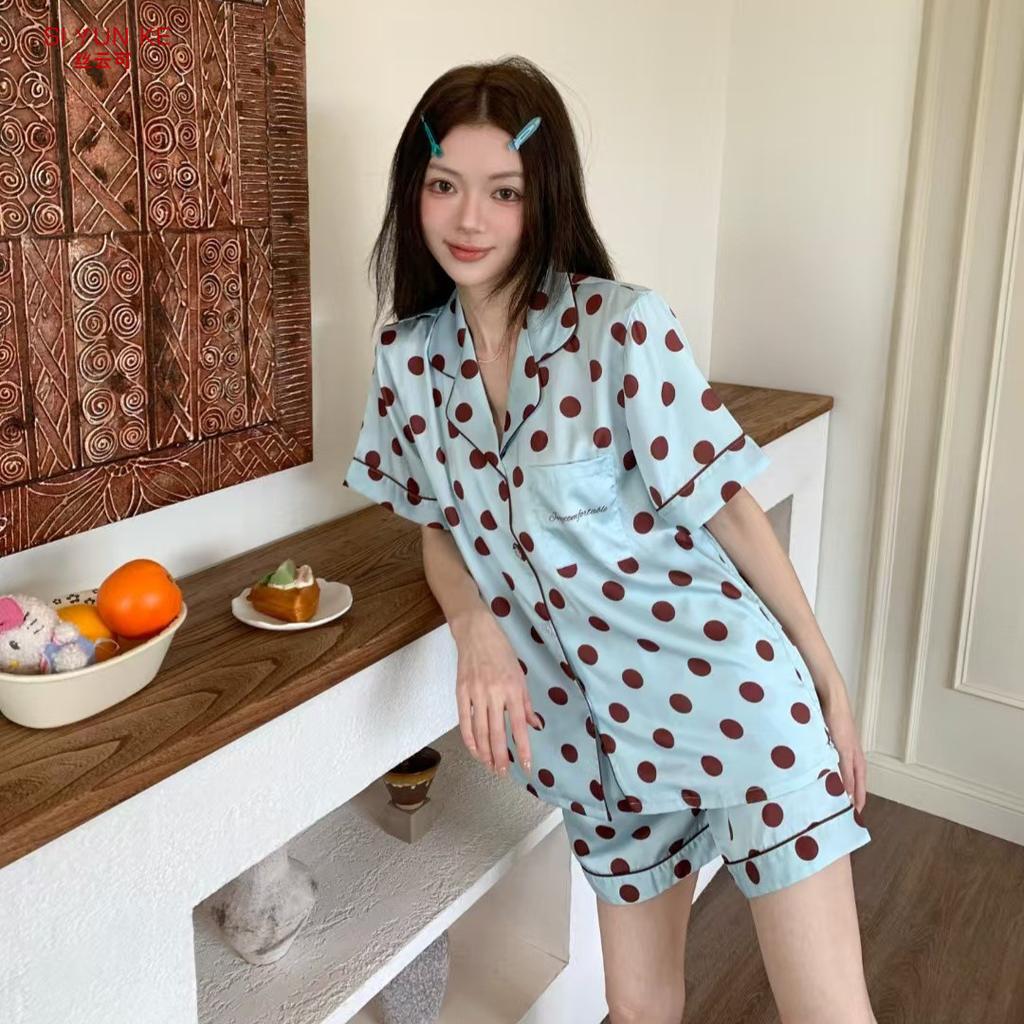 Spring and summer ice silk high-end polka dot pajamas women's loungewear can be worn outside light luxury wind breathable cute wind fresh lapel