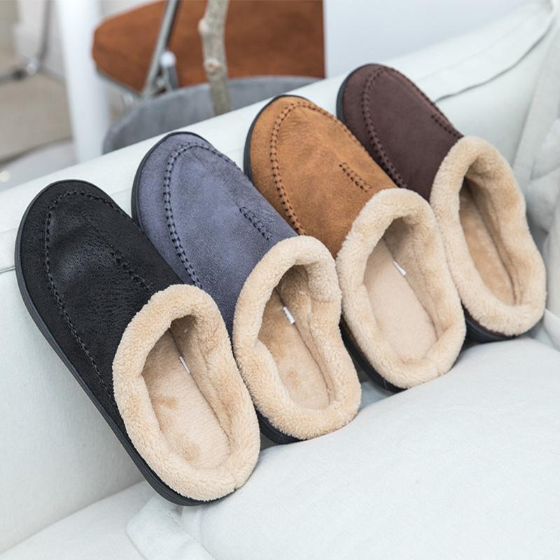 Fashion Men's Slippers Home Winter Indoor Plush Warm Shoes Thick Bottom Plush Waterproof Leather House Slippers Man Suede Cotton Shoes