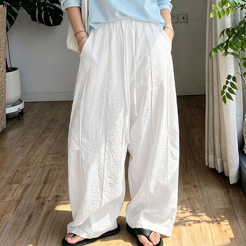 INCERUN Men Drawstring Elastic Waist Flimsy Drapey Casual Long Wide Leg Pants Trousers