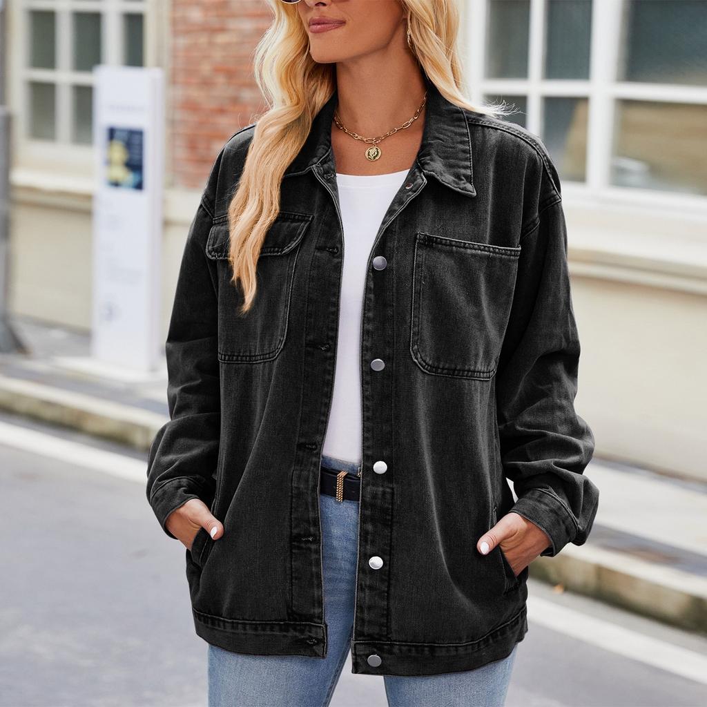 Women's Fashionable Versatile Classic Retro Solid Color Lapel Long Sleeved Pocket Loose Denim Jacket
