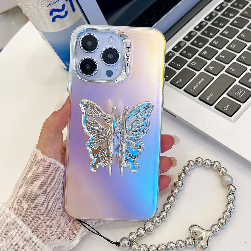 For Apple 16E Three-dimensional Butterfly Stand Electroplated Laser for IPhone15promax Bracelet Mobile Phone Case