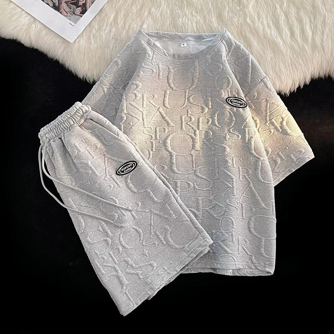 

Мужская корейская свободная летняя вафельная футболка и модные повседневные шорты 5-Point 3XL