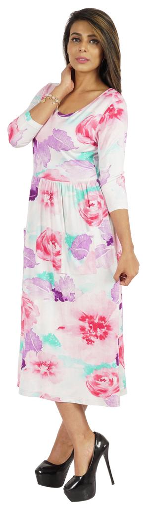 Phagun Women Summer Midi Dress Casual Loose Pockets Dress Scoop Neck Dresses