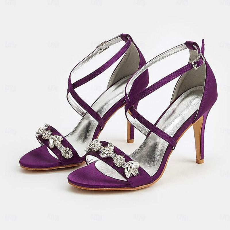 One word cross strap stiletto purple sandals women's fashion high heels blue rhinestone sexy strap satin women's shoes 43