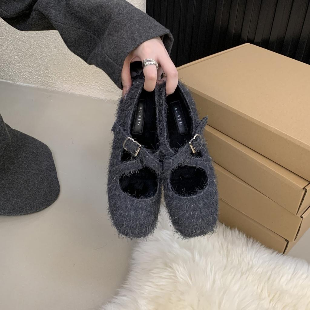 2025 Autumn and Winter New Round Head Woolen Wool Velvet Inner Slope Heel One Word Buckle Shallow Mouth Ballet Commuter Women's Shoes