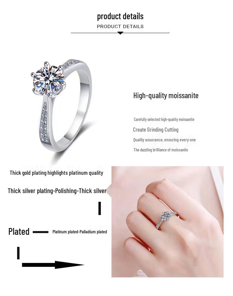 S925 Sterling Silver Women’s Ring - 1 Carat Moissanite, Korean Six-Prong Fashion Style