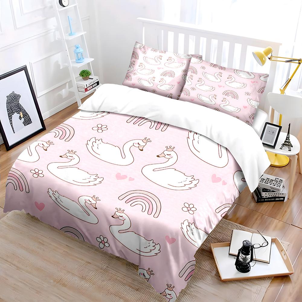 Swans Flowers Rainbows Pink Background Print Bedding Set 1Duvet Cover 2Pillowcases for Adult and Children Luxury Gift Full Size