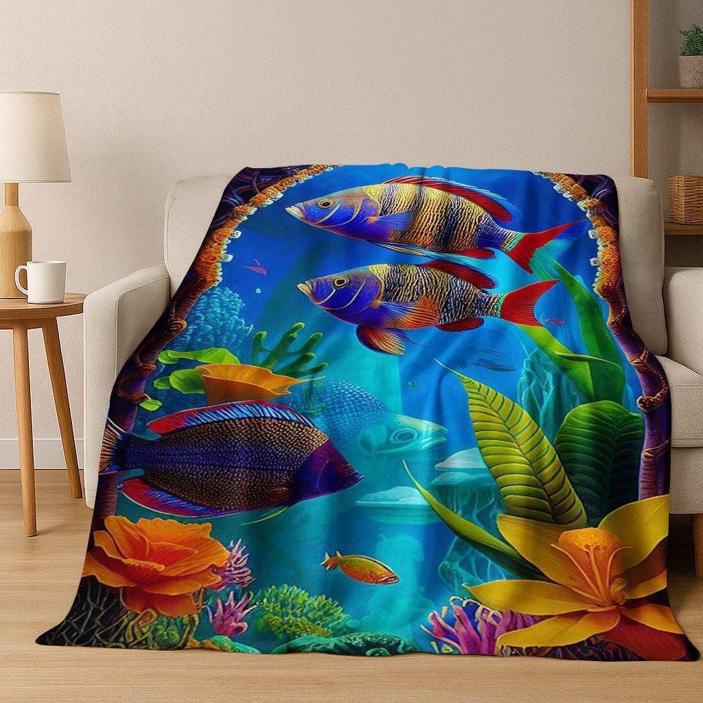 2026 New Underwater World Sea Dolphin Turtle Coral Art Flannel Blanket,Cozy Soft Throw Blanket for Home Bedroom Bed Sofa Kids