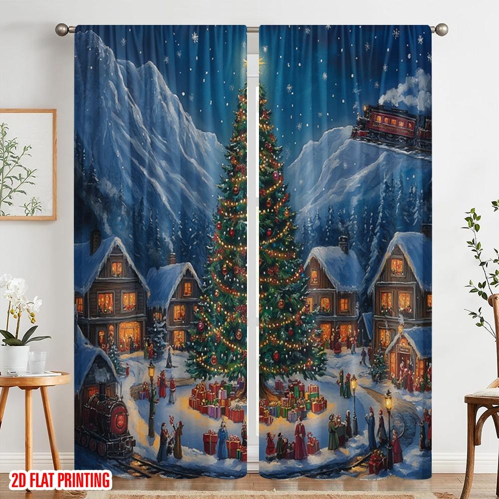 2pcs,2D plane printing Curtain Popular Christmas Tree Village Snow Scene_a (2) Versatile Polyester Fabric (without rod) Festive